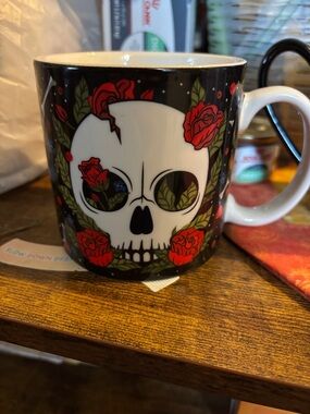 Ceramic Skull & Roses Coffee Mug in Black, Red, Green